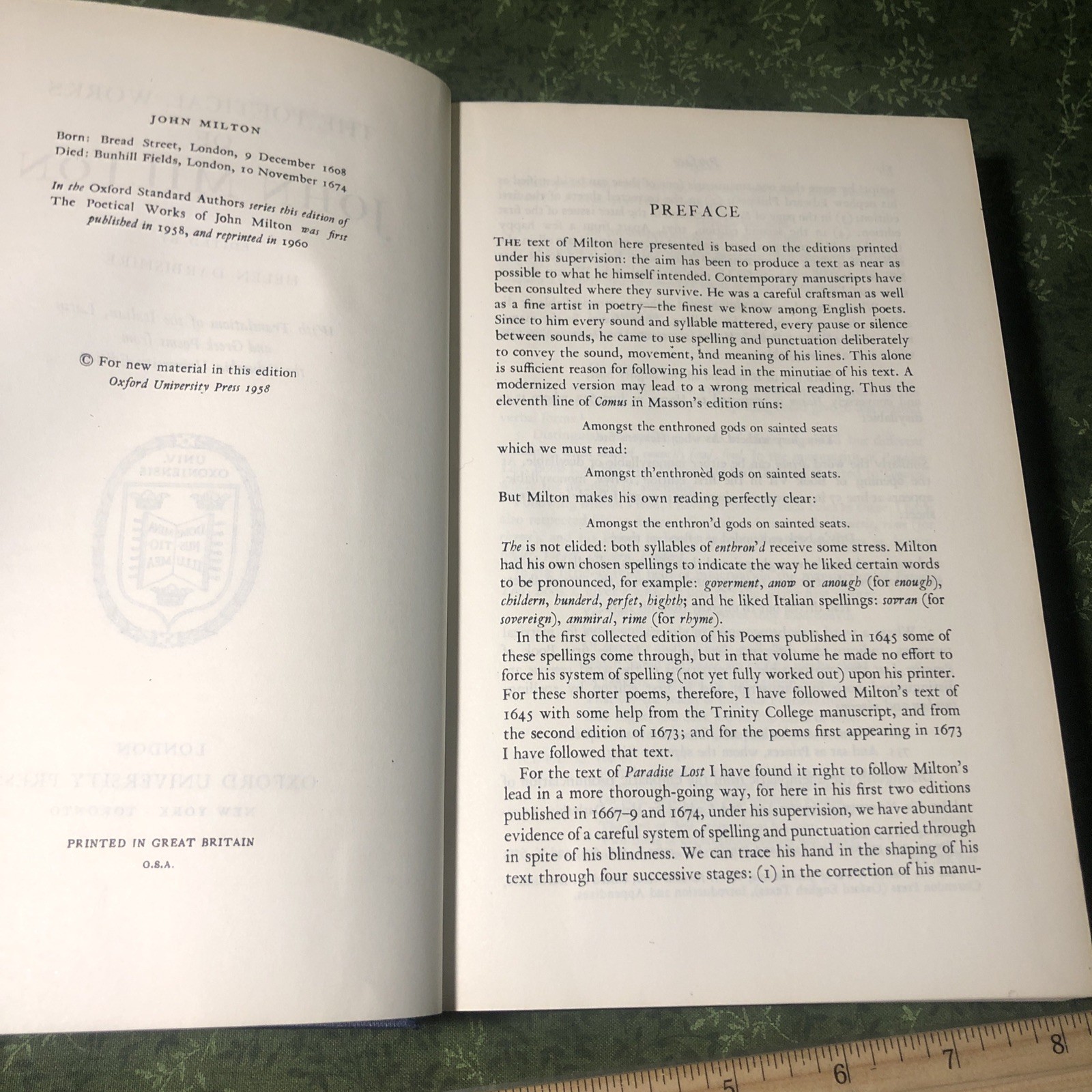 The Poetical Works of John Milton – Oxford University Press, 1958 Annotated HC