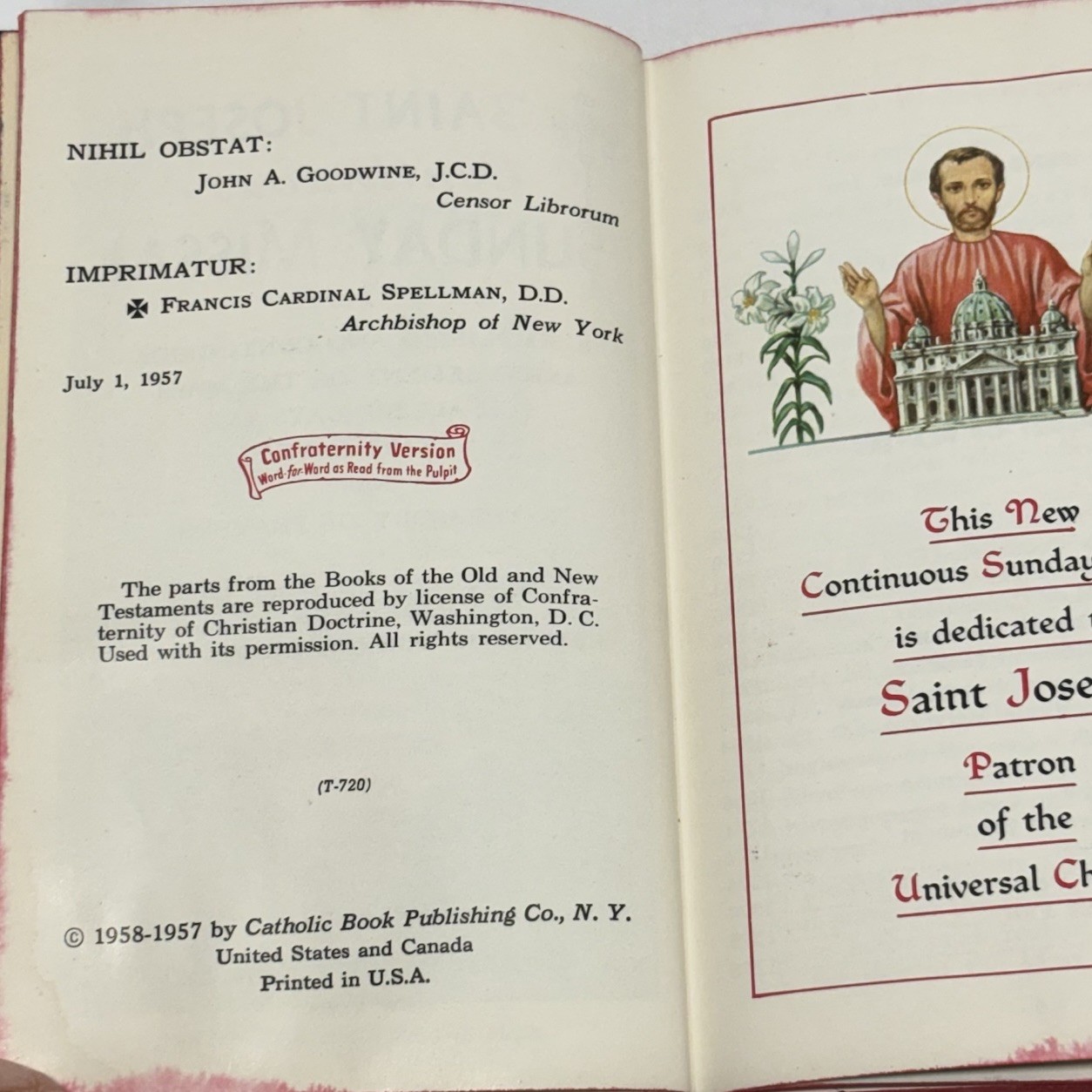 St. Joseph Continuous Sunday Missal 1957/58 Confraternity Version Vintage HC