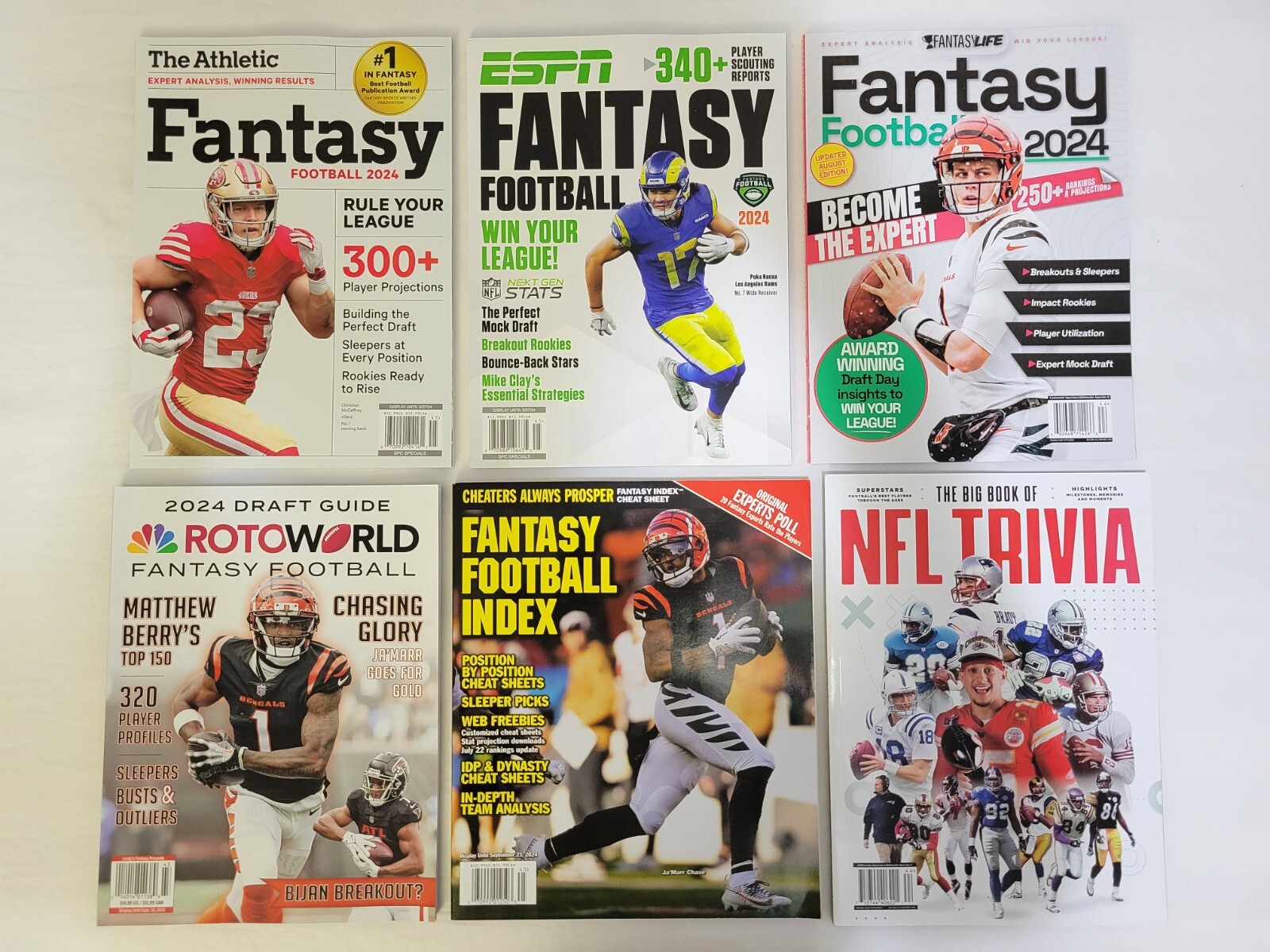 Lot of 6 Fantasy Football Draft 2024 BUNDLE Athletic ESPN RotoWorld Index Trivia