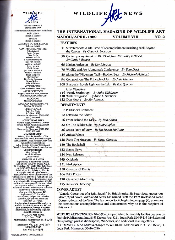 1989 WILDLIFE ART NEWS Full Year 6 Issues + 1990 & 1991 Artist Profile Yearbooks