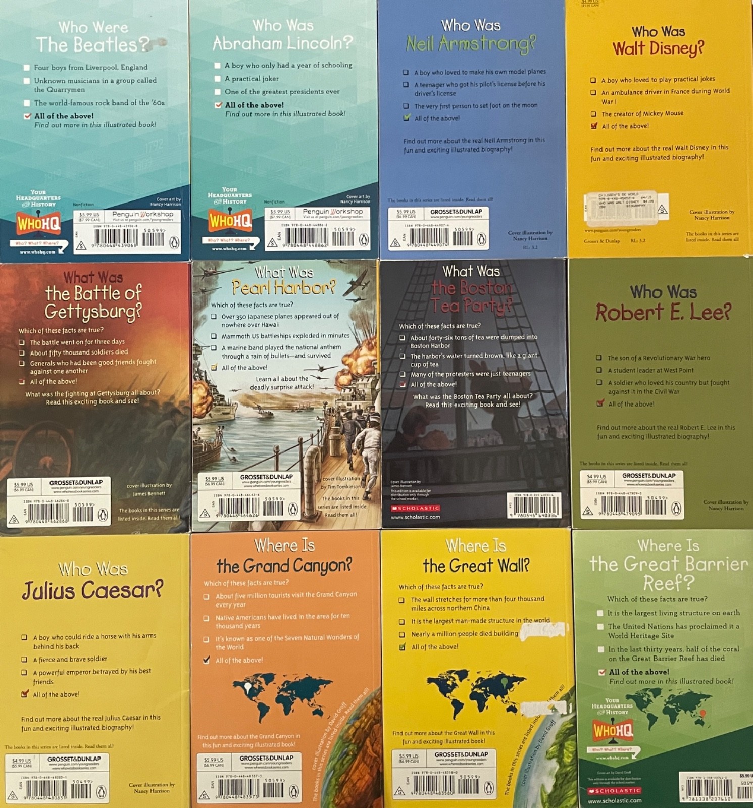 LOT OF 12 “WHO/WHAT/WHERE?” BIOGRAPHY/HISTORY FOR KIDS CHAPTER BOOKS