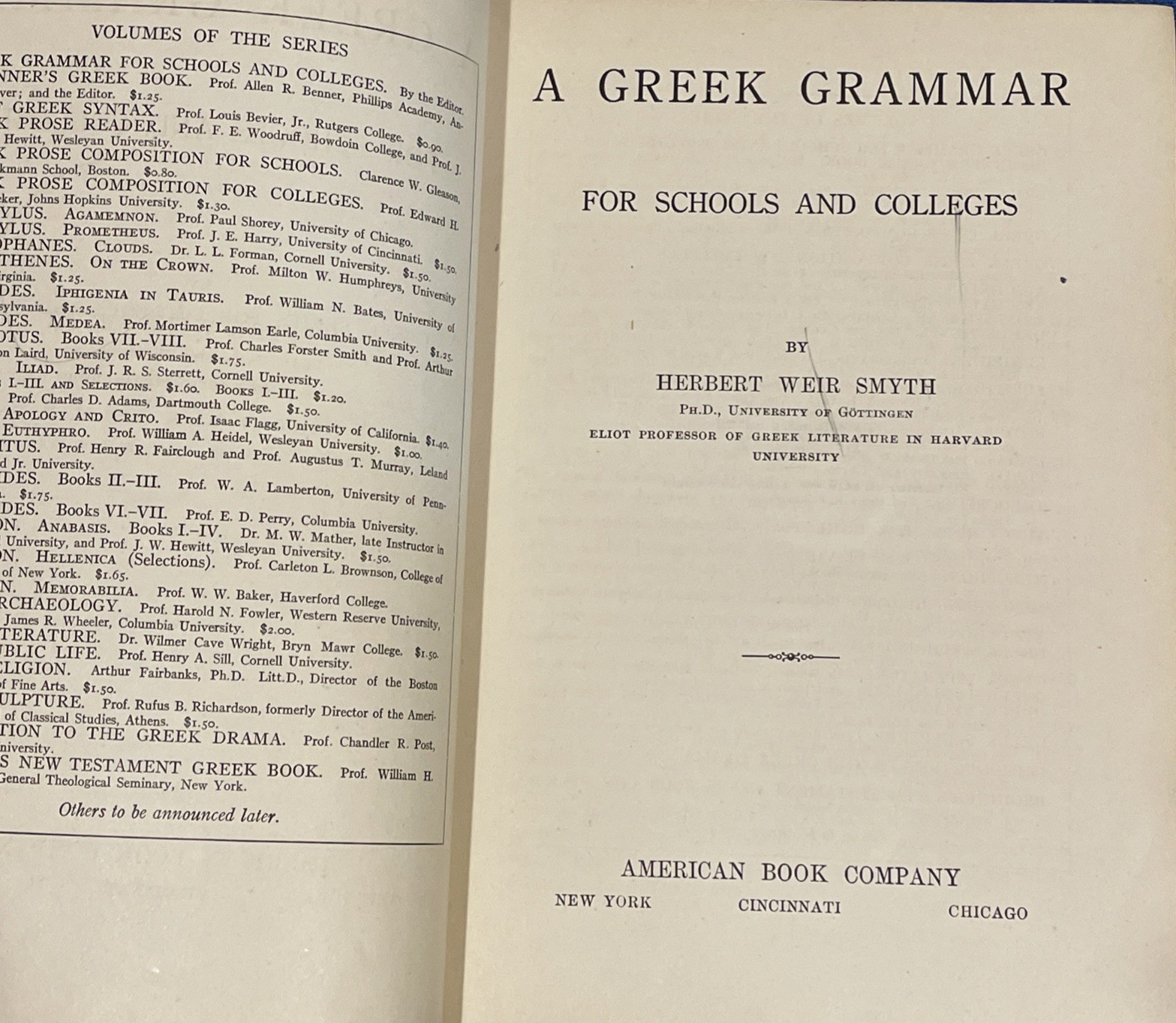 A GREEk GRAMMAR by Herbert Weir Smyth, Harvard Professor, 1916 HC First Ed.