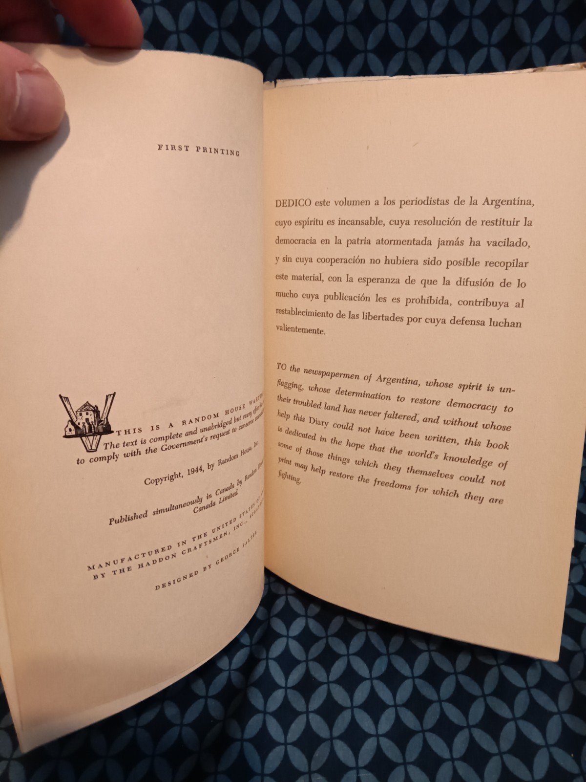 ARGENTINE DIARY by Ray Josephs, First Print 1944, Random House, HC, Dust Jacket