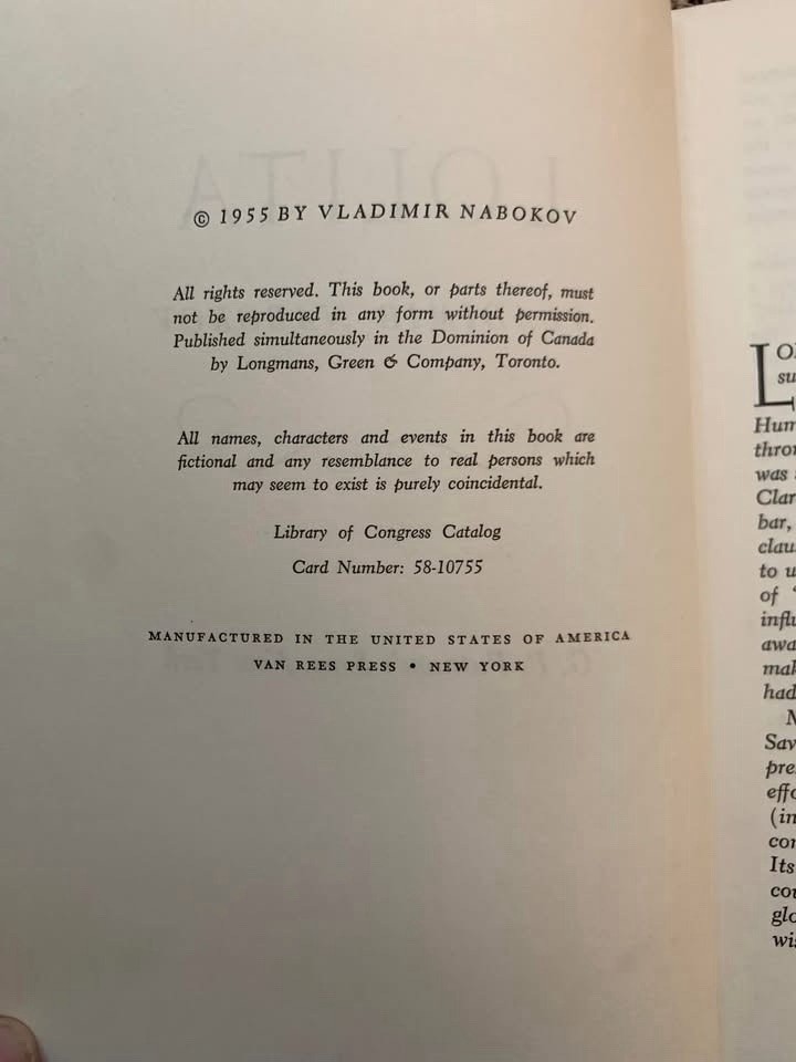 Lolita by Vladimir Nabokov Hardcover w/ Dust Jacket, 1st US Edition 1958
