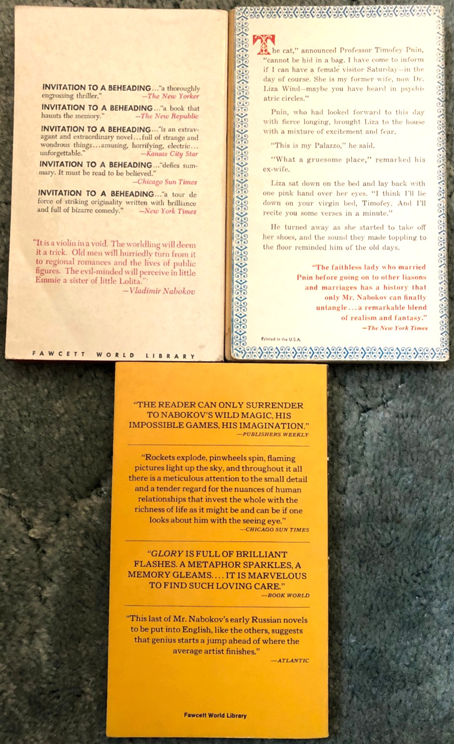 Vladimir Nabokov books, lot of 3, Glory, Pnin & Invitation to a Beheading