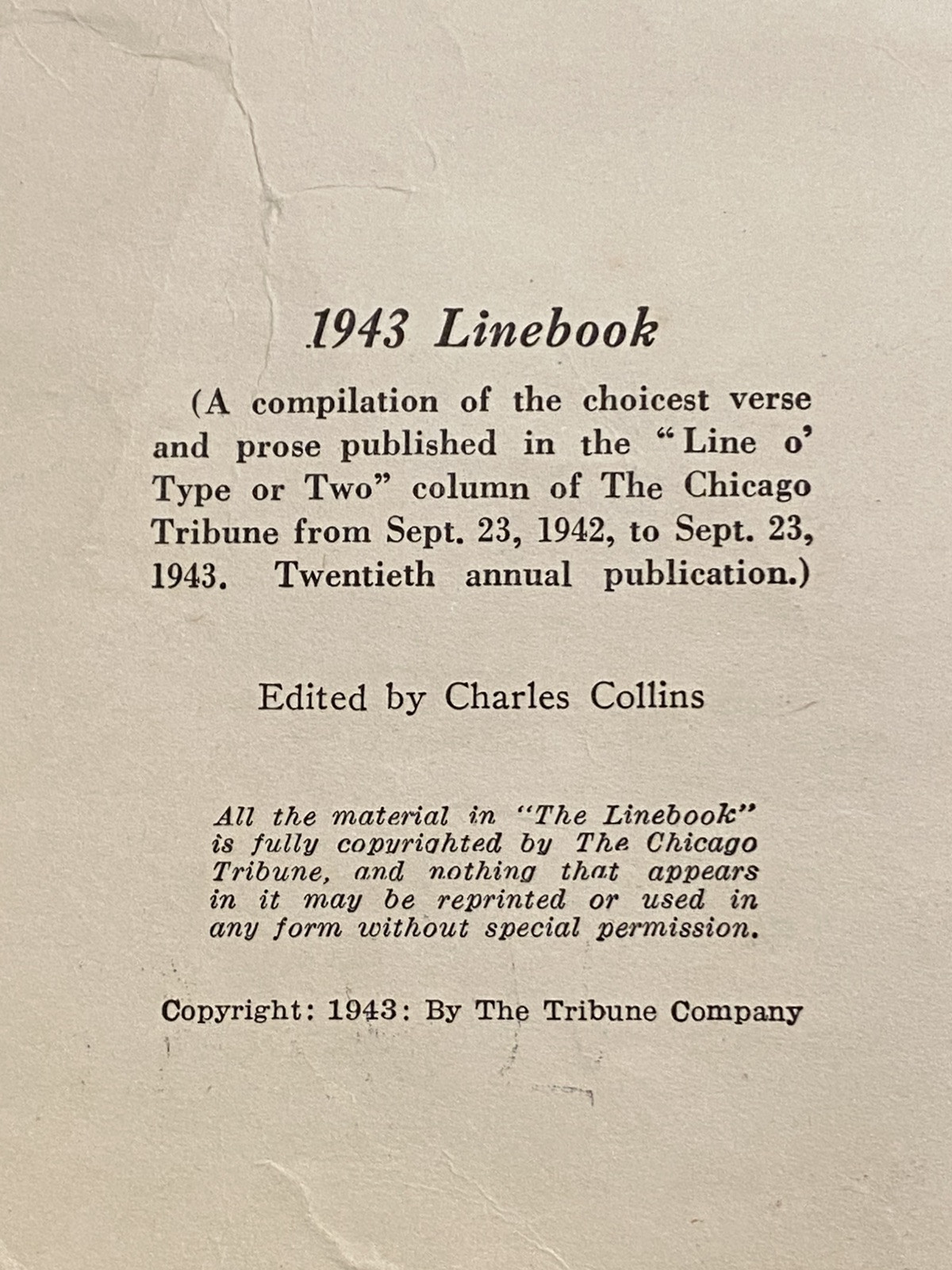 Vintage WWII Era CHICAGO TRIBUNE 1943 1944 LINE BOOK Quotes Wit Poetry Ephemera