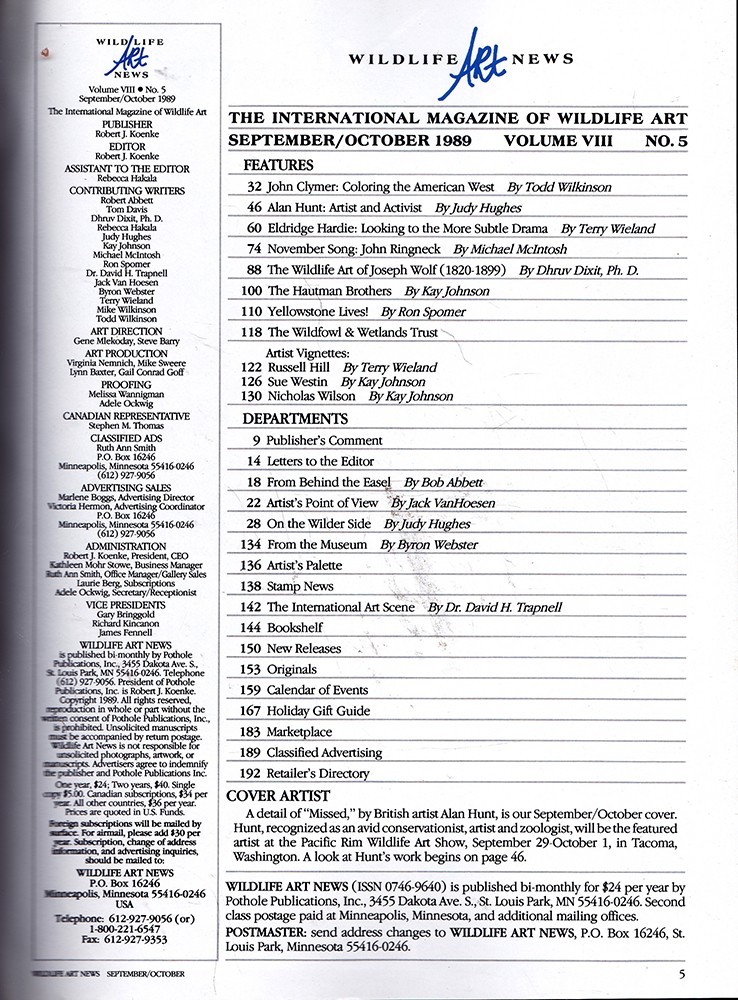 1989 WILDLIFE ART NEWS Full Year 6 Issues + 1990 & 1991 Artist Profile Yearbooks