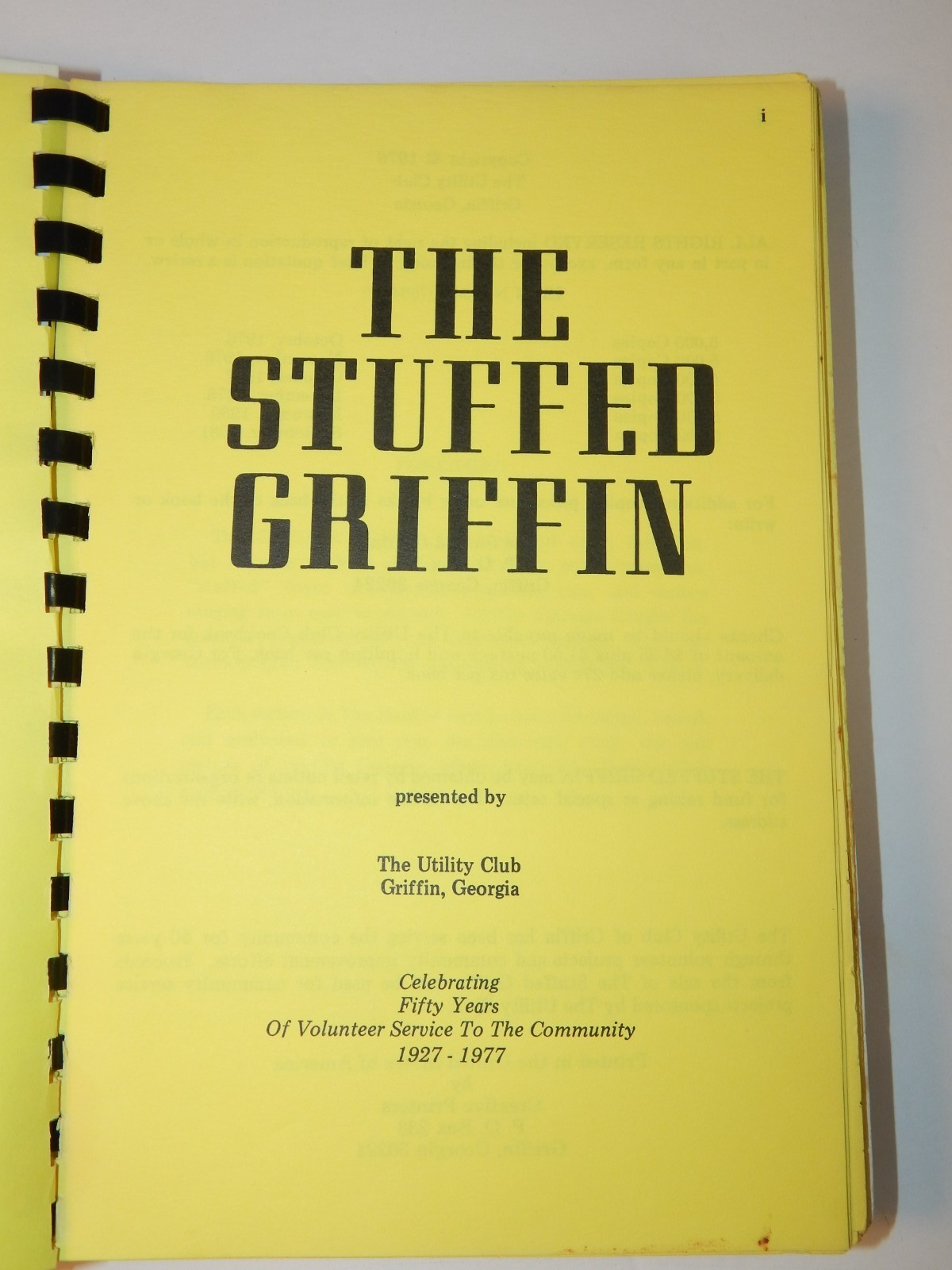 Vintage The Stuffed Griffin Cookbook the Utility Club Griffin, Georgia 1927-1977