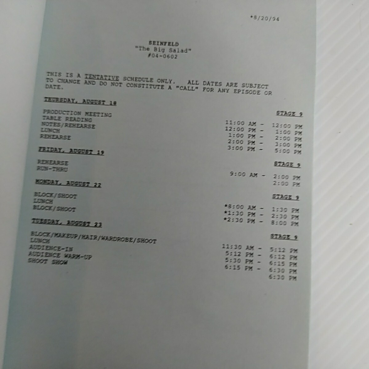 Vintage SEINFELD “The Big Salad” #04-0602 Table Draft Script Larry David 1994