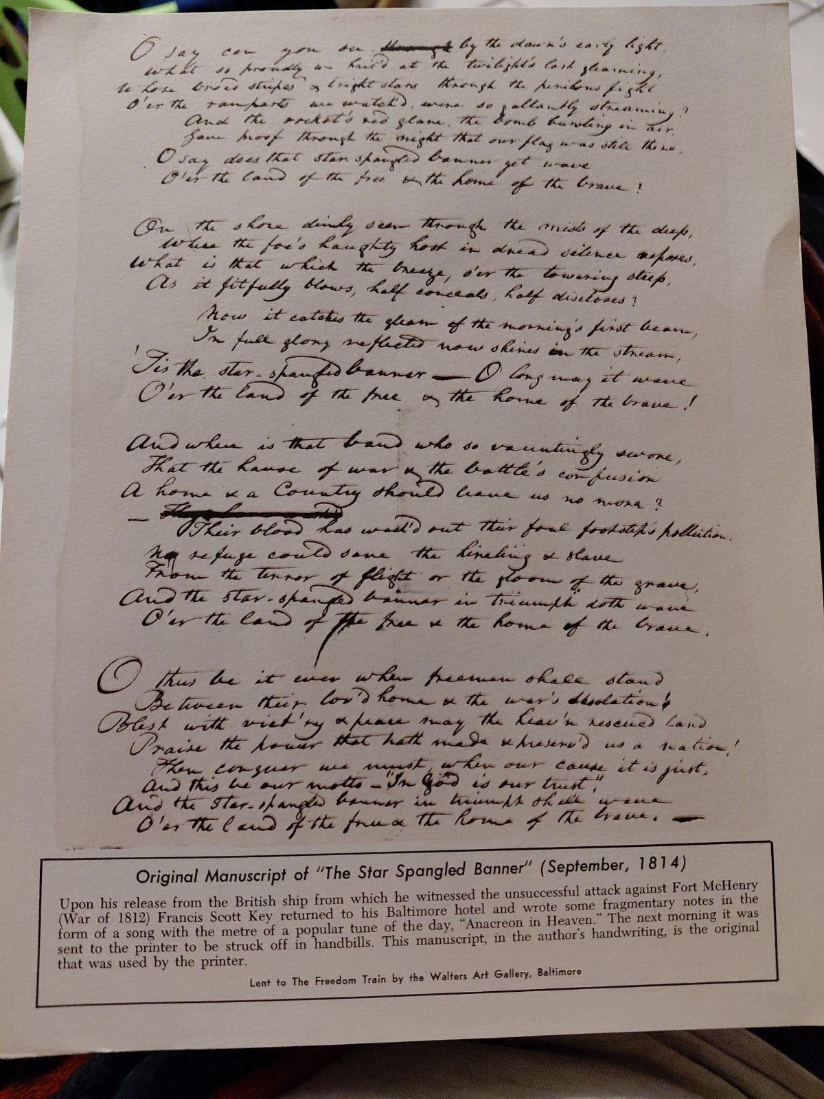 Original Manuscript of the Star Spangled Banner 1814
