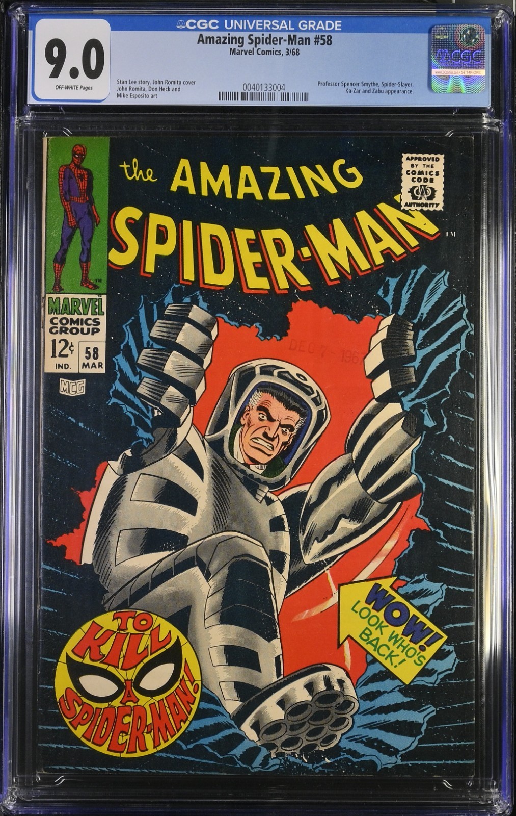 AMAZING SPIDER-MAN #58 (1968) CGC 9.0 OW PAGES – 2nd SPIDER-SLAYER! KA-ZAR APP