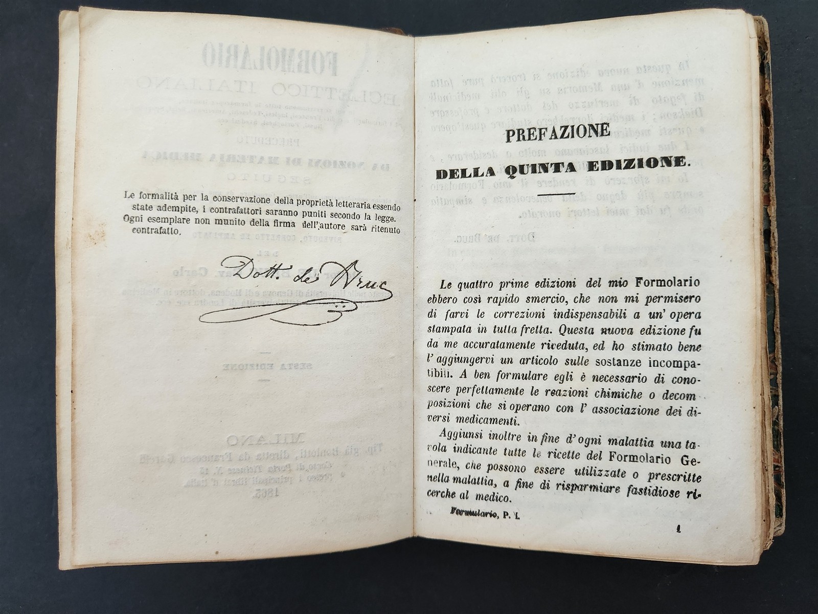 1853 antique MATERIA MEDICA & FORMOLARIO terapeutico italian medical BOOK