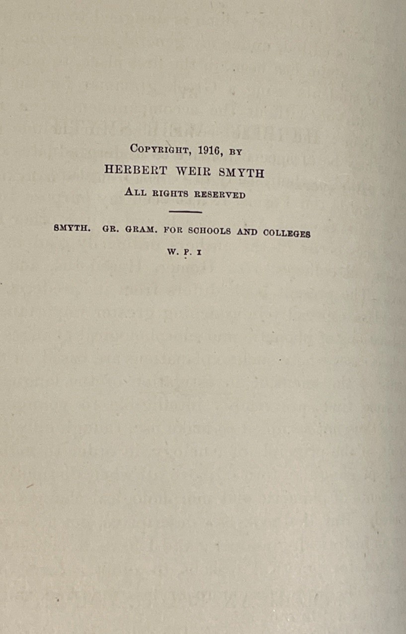 A GREEk GRAMMAR by Herbert Weir Smyth, Harvard Professor, 1916 HC First Ed.