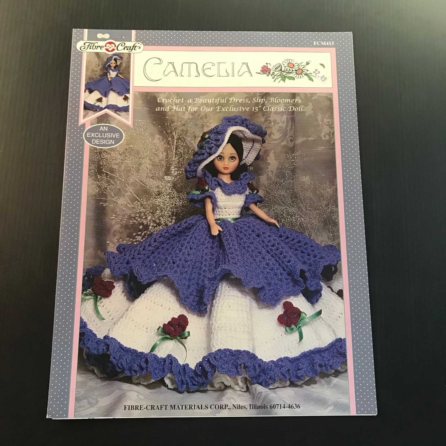CAMELIA Fibre-Craft Crochet Pattern 1994 Doll Dress Slip Bloomers Hat FCM415