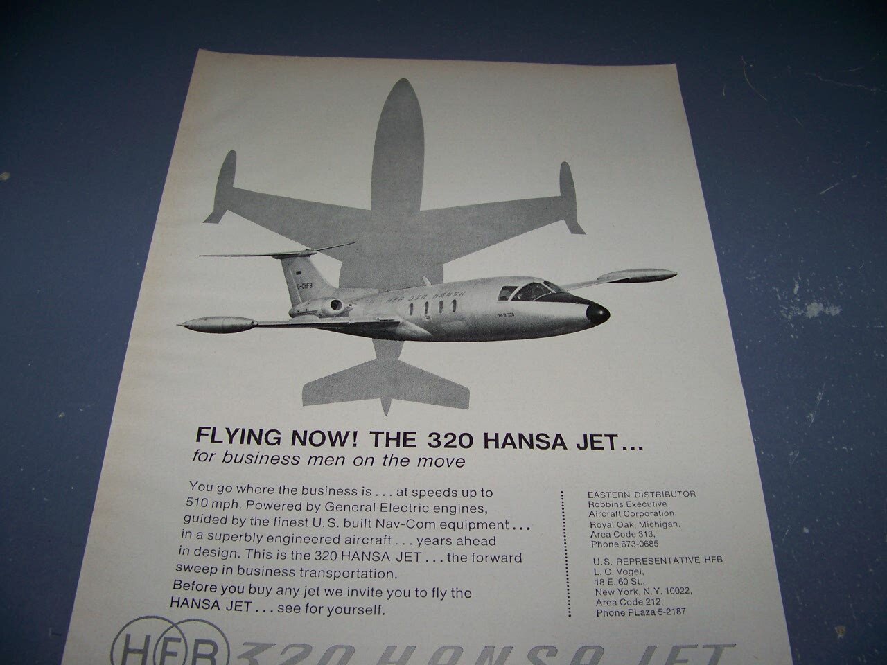 1965 HANSA JET 320 “FLYING NOW,,THE 320 HANSA JET”..1-PAGE SALES AD..(663Y)