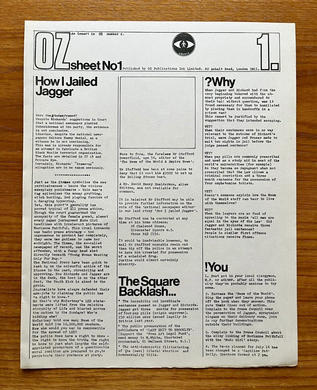 “OZ SHEET No.1 ” Insert from Oz Magazine No.4