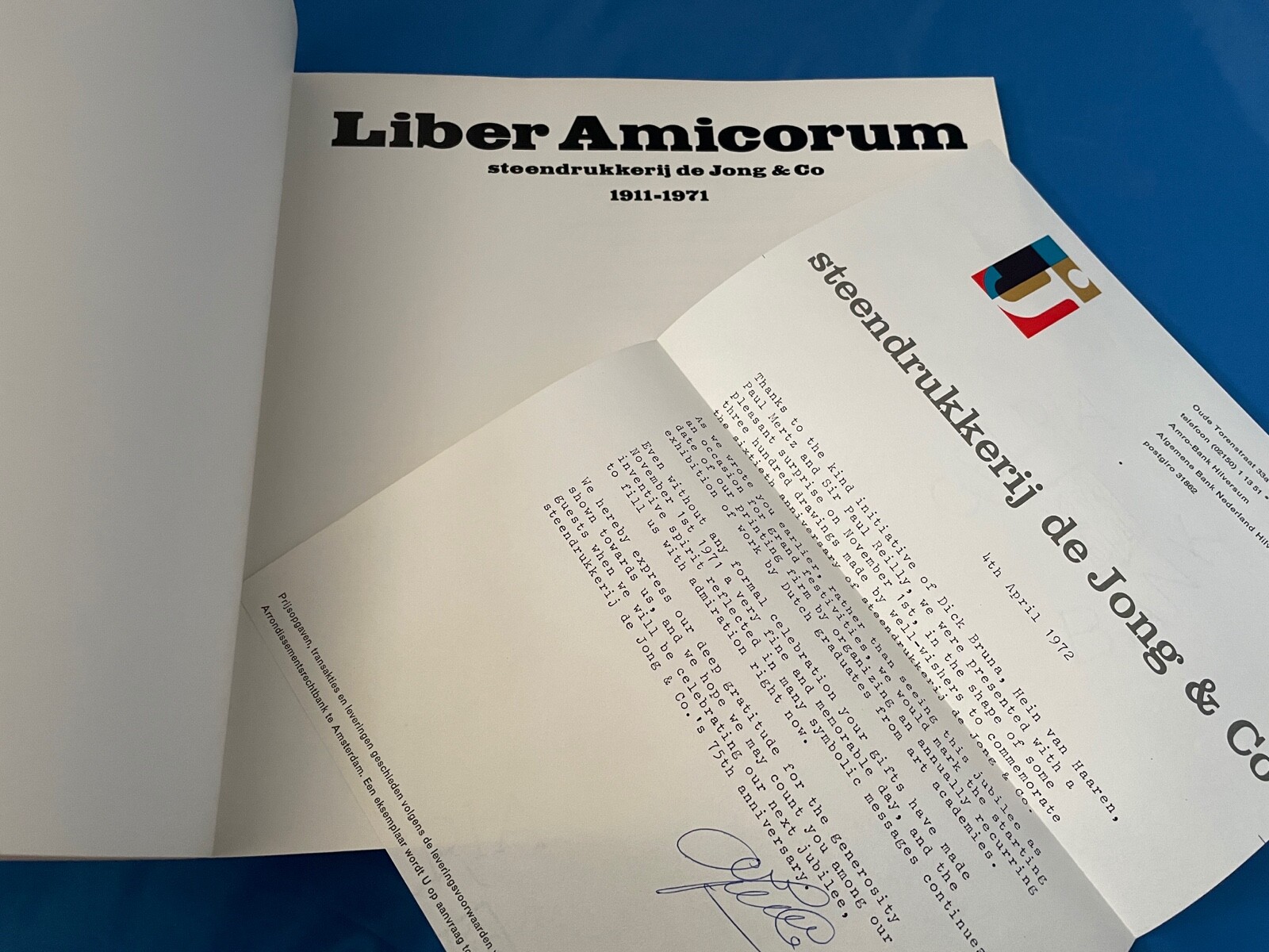 Liber Amicorum Steendrukkerij De Jong & Co. 1911-1971 Book w/ SIGNED Letter