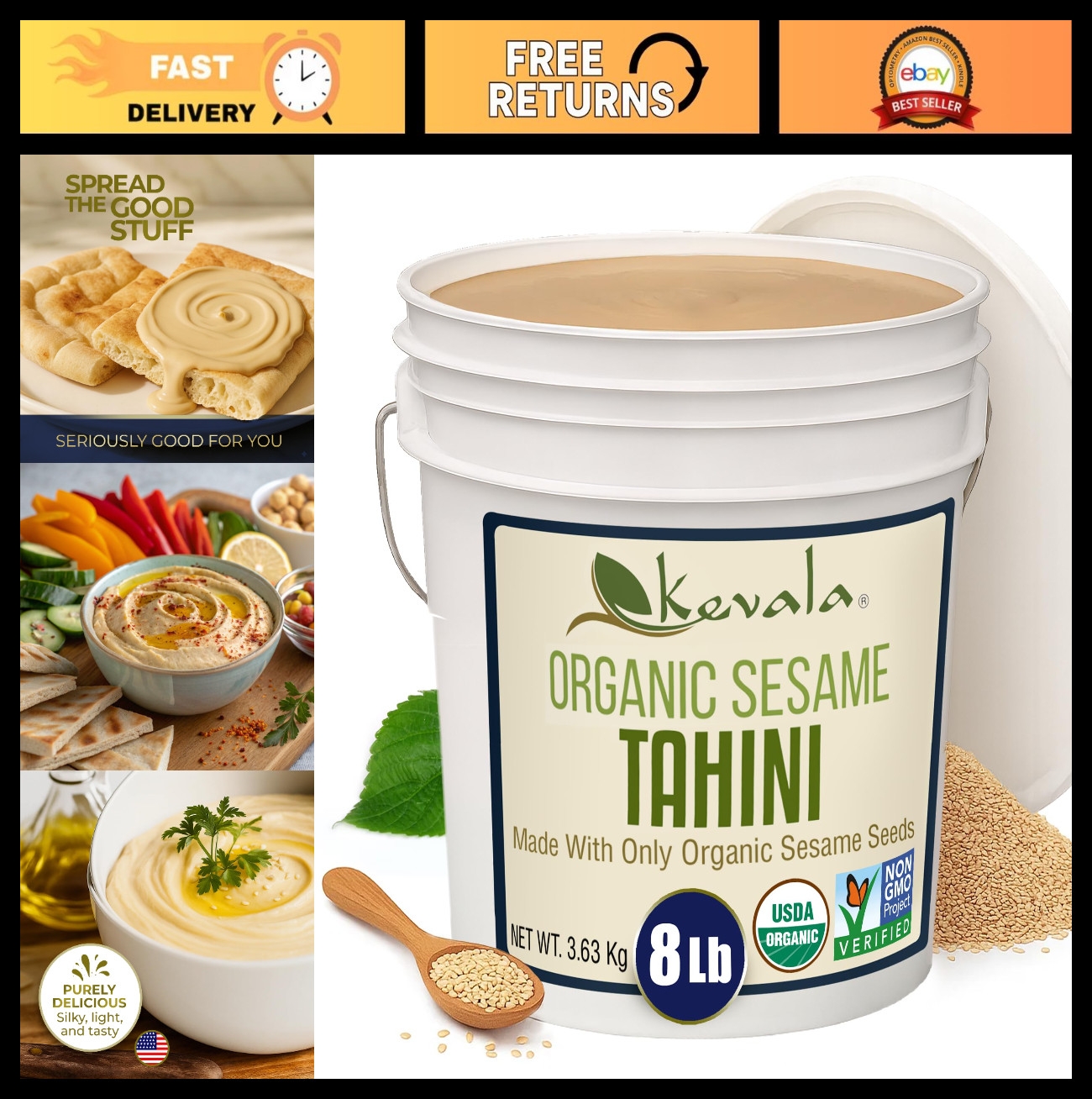 Organic Sesame Tahini – USDA Certified, Non-GMO, Kosher – 8 Lb Pack