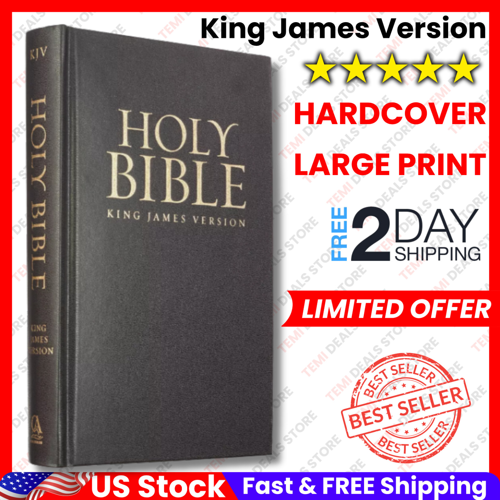 The Holy Bible KJV King James Version LARGE PRINT Hardcover.Jesus Words In Red**