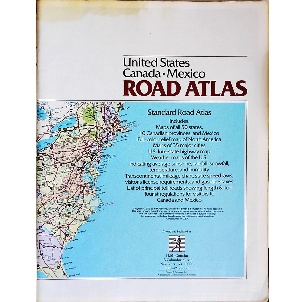 GOUSHA 1993 ROAD ATLAS 16th edition USA, CANADA, MEXICO.