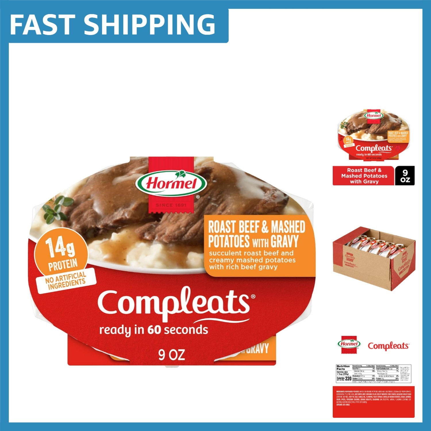 Hearty Microwave Roast Beef & Mashed Potatoes with Gravy – 9 oz. Trays, 6 Pack