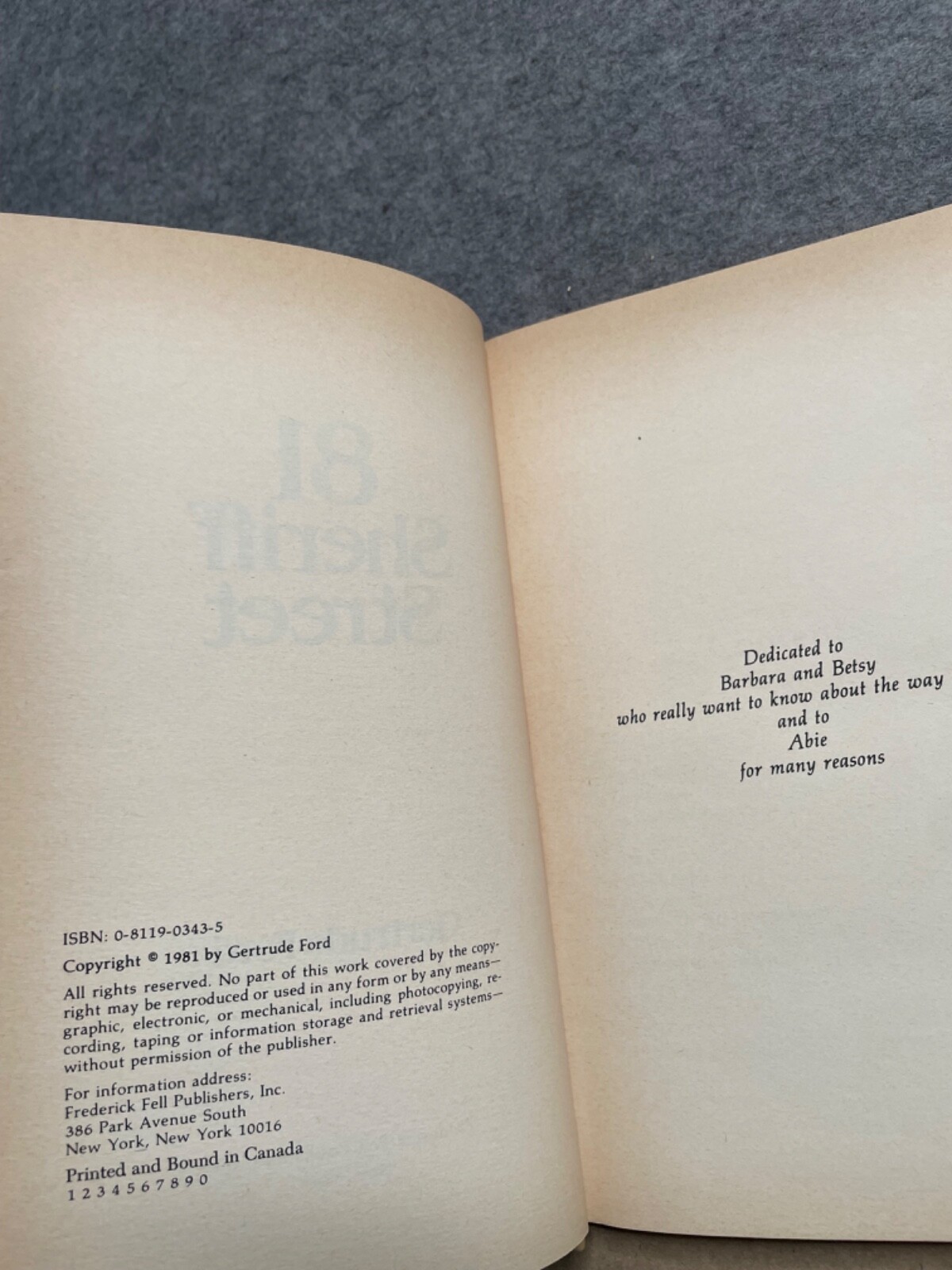 81 SHERIFF STREET By Gertrude Ford – 1981 HC/DJ First Printing