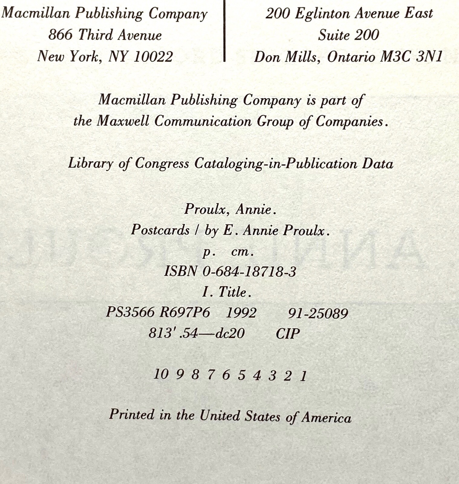E Annie Proulx – Postcards – 1st 1st 1992 – Author Shipping News & Brokeback Mtn