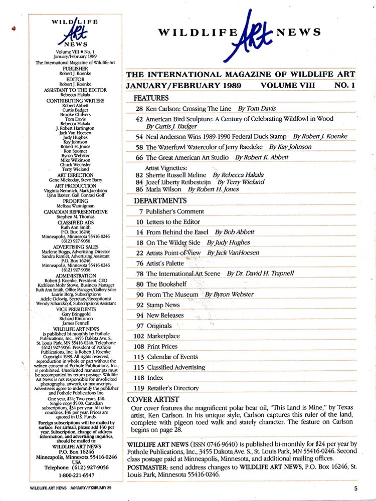 1989 WILDLIFE ART NEWS Full Year 6 Issues + 1990 & 1991 Artist Profile Yearbooks