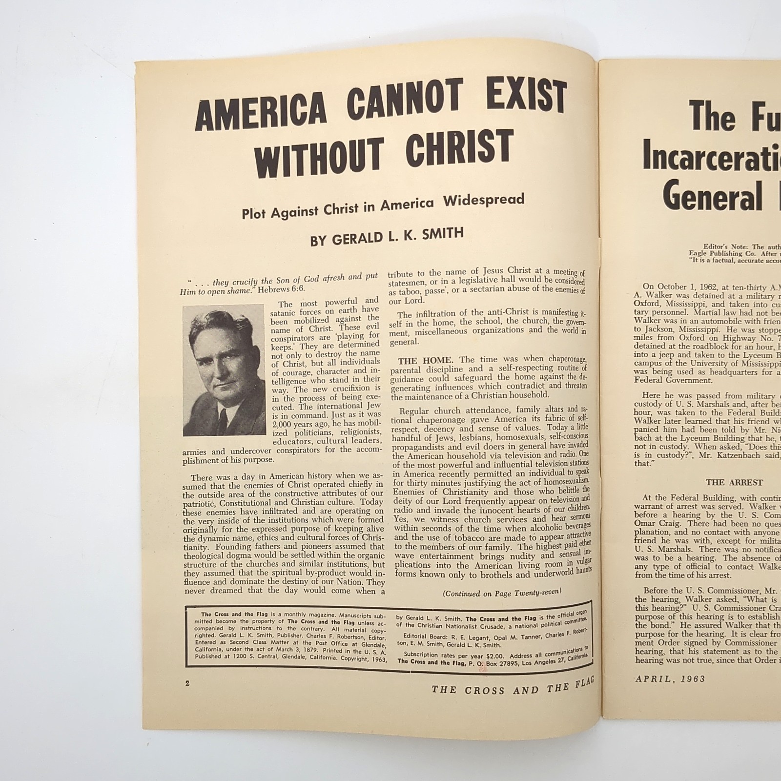 The Cross and the Flag April 1963 Crusader Monthly Magazine Gerald LK Smith