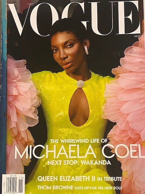 MICHAELA COEL vogue QUEEN ELIZABETH II TRIBUTE thom browne WAKANDA andy warhol