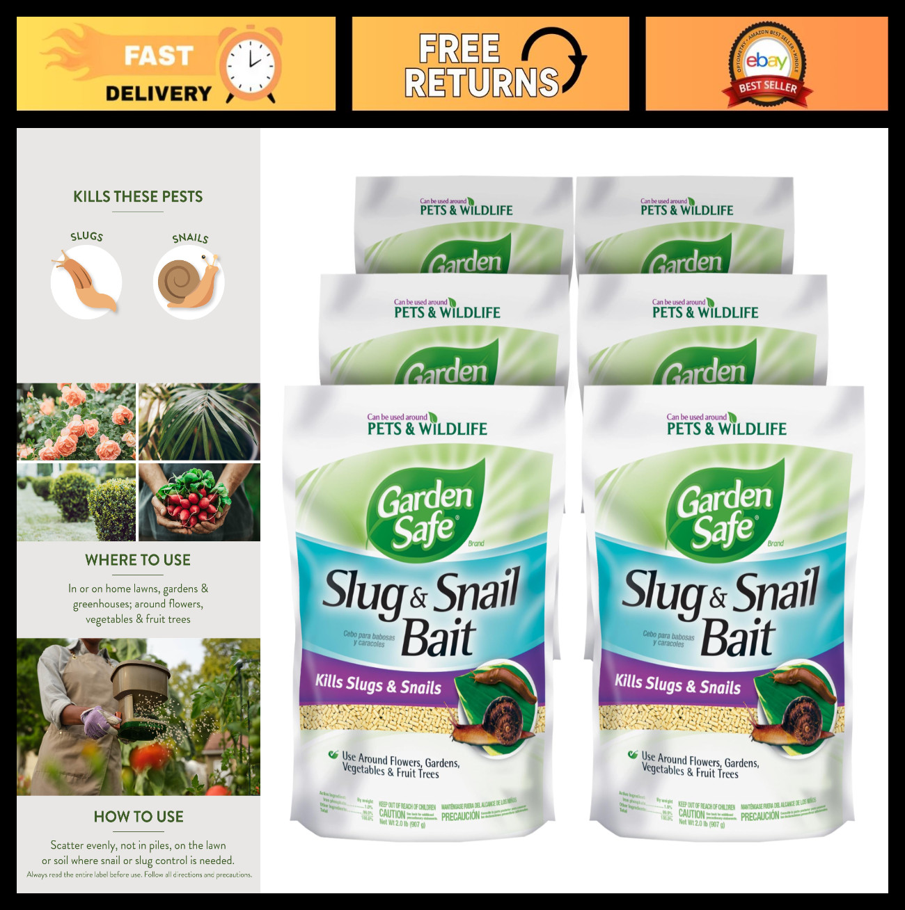 Effective Slug & Snail Bait Granules, 2 lbs – Fast-Acting, Pet-Safe, 6 Pack for