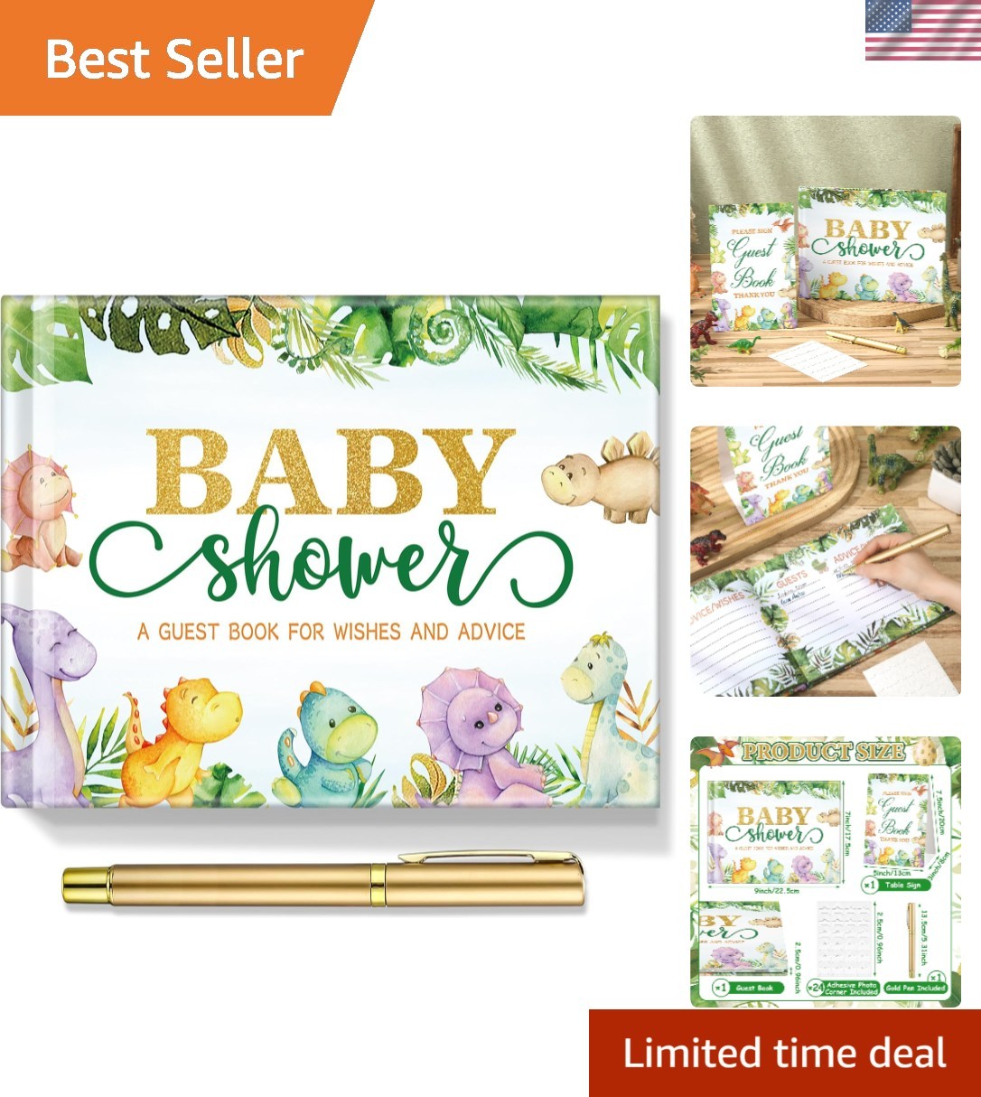 Delicate Dinosaur-Themed Baby Shower Guest Book with Golden Pen & Photo Corners