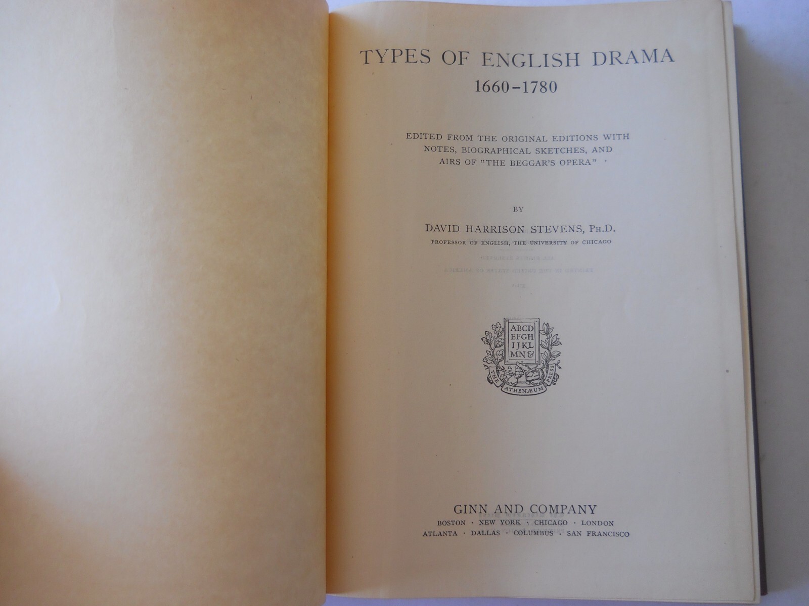 TYPES OF ENGLISH DRAMA 1660-1780 DAVID HARRISON STEVENS, ANTIQUE BOOK