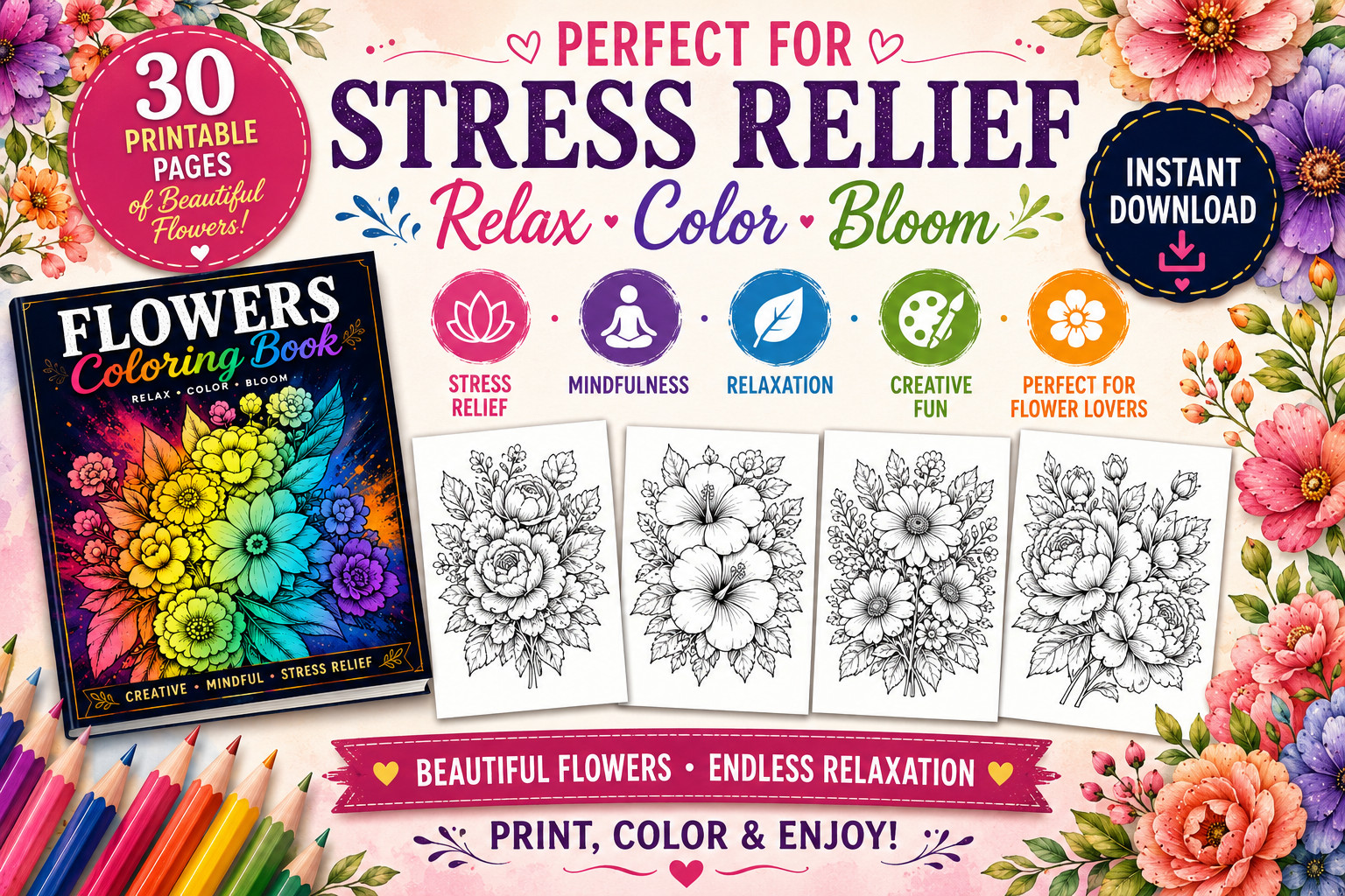 DIGITAL CONTENT- 2025 Flower 30 Page Activity Book – PRINTABLE