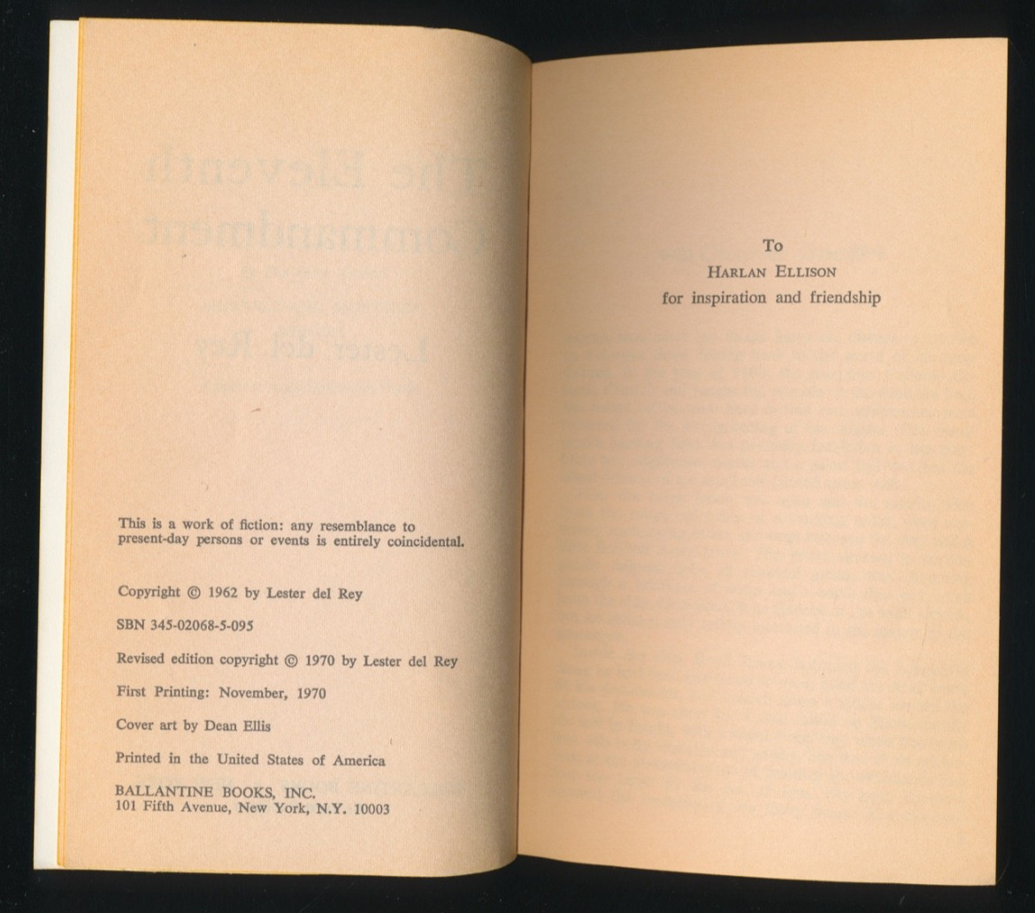 THE ELEVENTH COMMANDMENT LESTER DEL REY 1970 BALLANTINE #02068 1ST ED Paperback