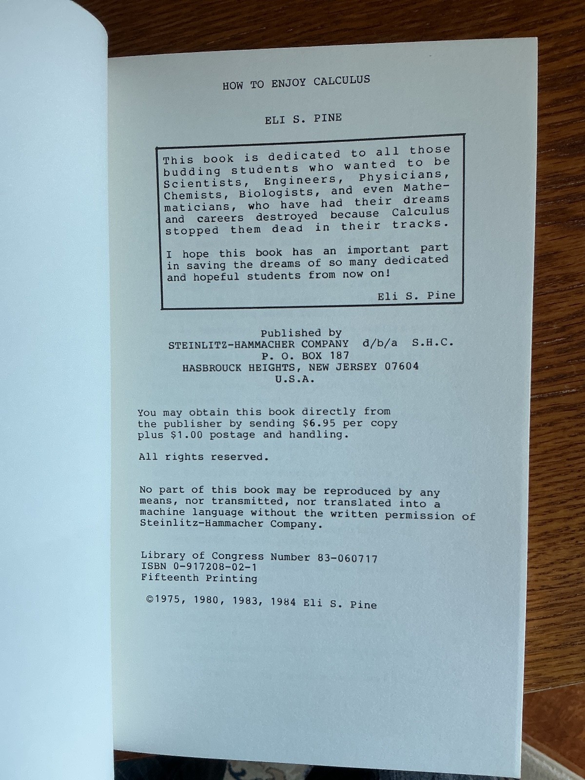 How To Enjoy Calculus Revised Edition by Eli S. Pine SC 1984 Steinlitz-Hammacher