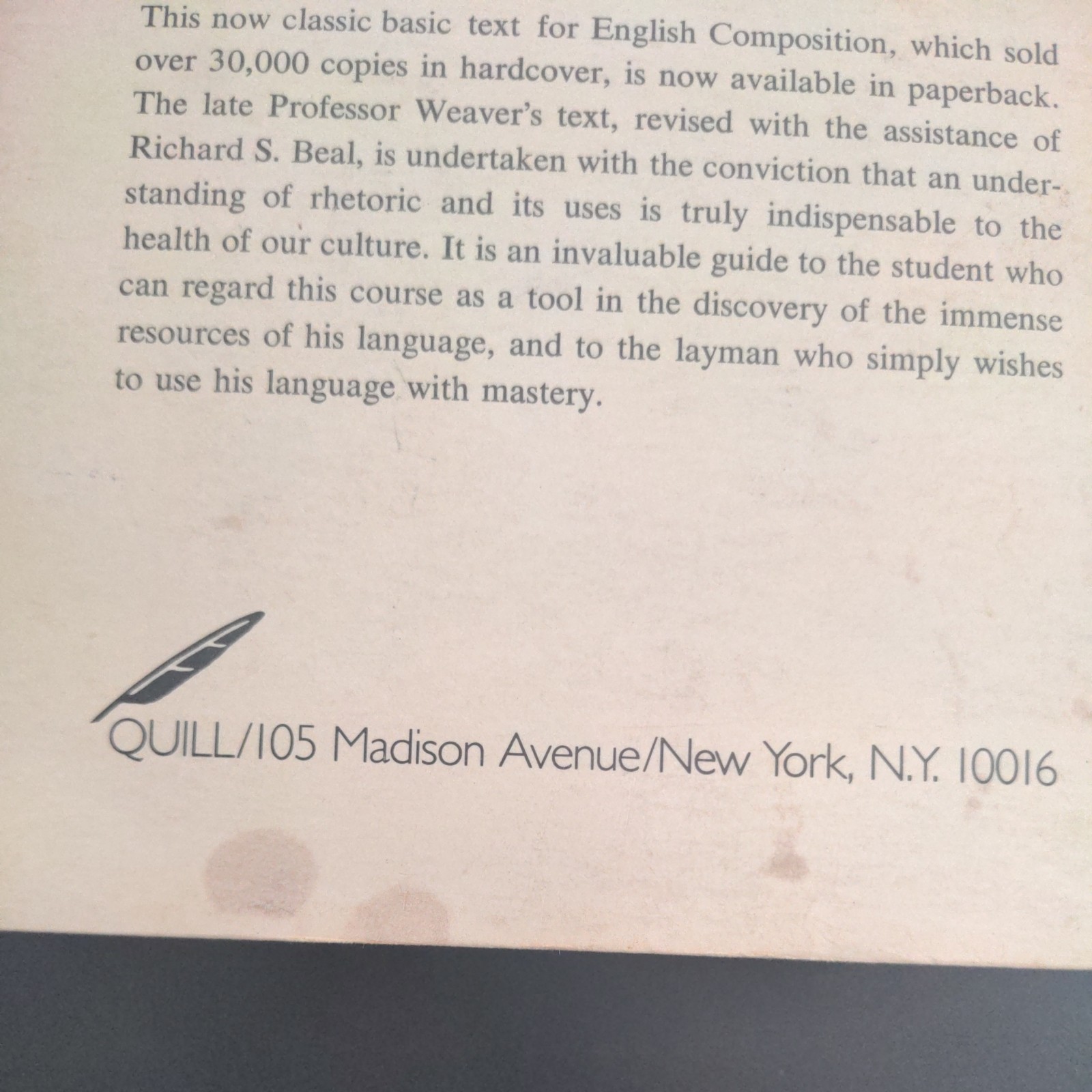 A Rhetoric And Handbook – Richard M Weaver (Paperback, 1967) VG, Revised