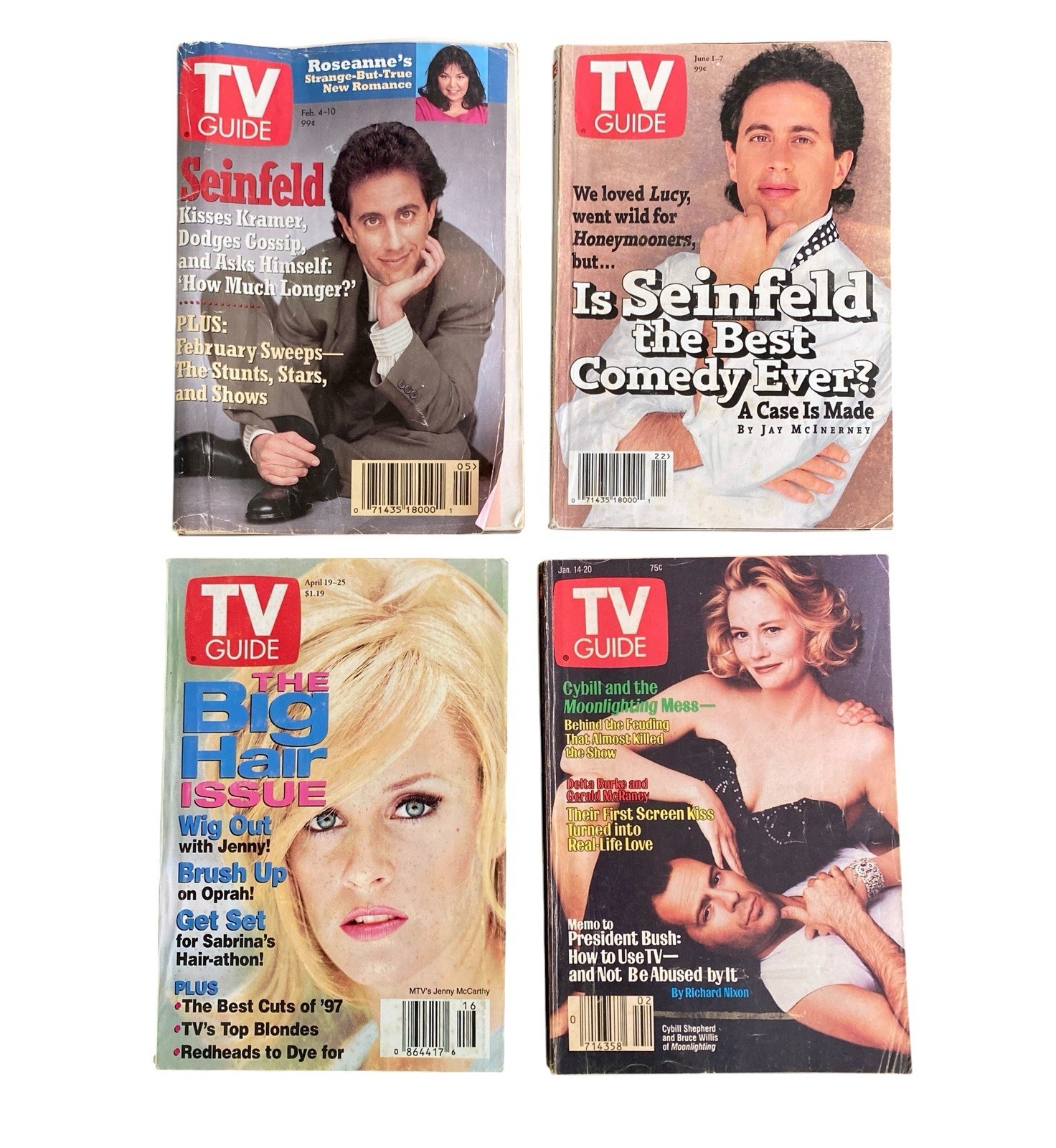 TV Guide Magazines Lot Of 4 Bruce Willis Seinfeld Jenny McCarthy Vintage 89-97